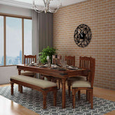 Ajmer Solid Sheesham Wood 8 Seater Dining Set With Bench (With Cushion, Natural Finish)